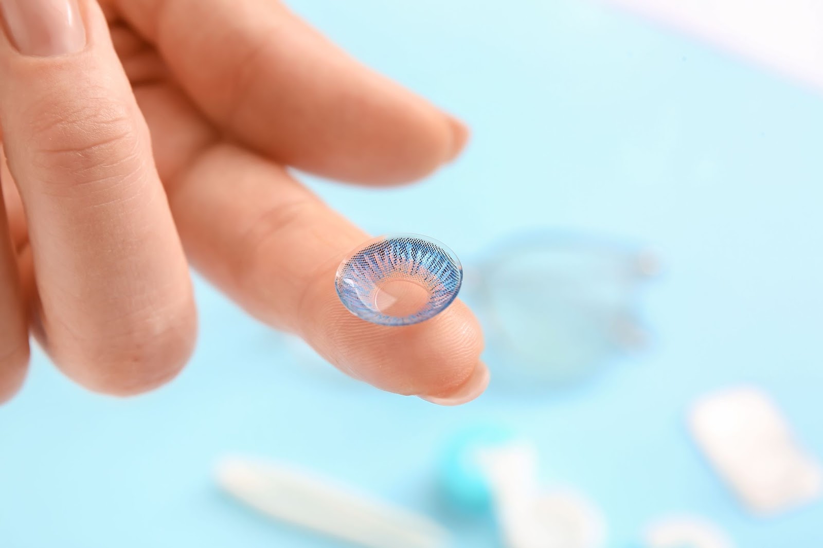 Close up of a blue colored contact lense from a non-regulated Korean brand.